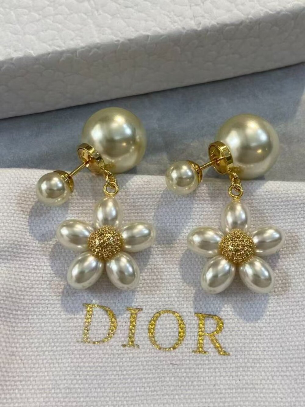 Dior Gold Tone Pearl Stud Dangle Earrings